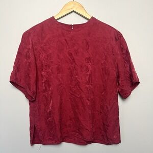 Vintage Silks 100% Silk Blouse sz M Red Brocade Design Lightweight Festive Top